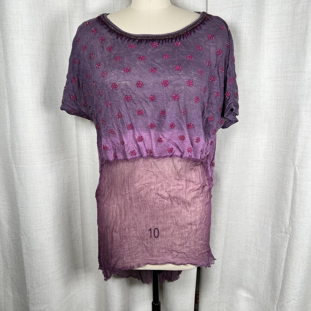 Free People Purple Beaded Ombre Tunic Top Boho Semi Sheer Hi Low‎ Size Small
